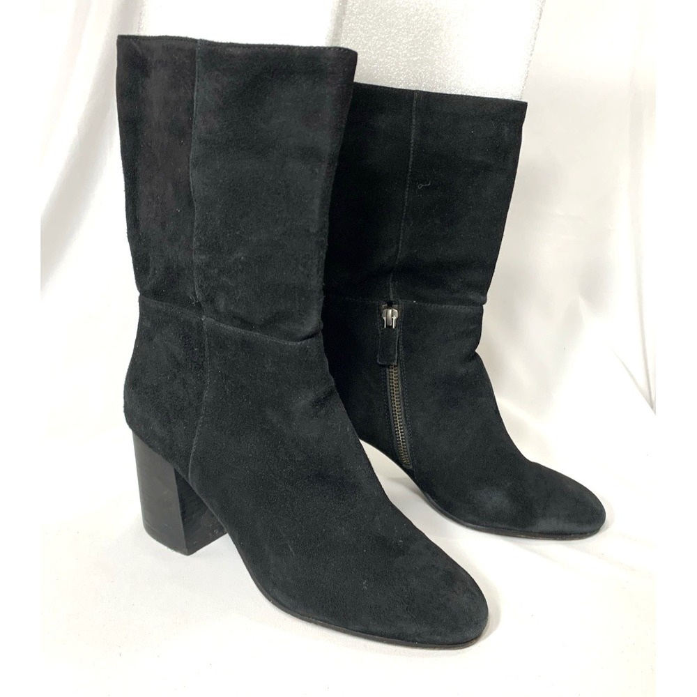Eileen Fisher Mid Calf Boot Women 9 Black Suede Leather‎ Block Heel Zip Cinch